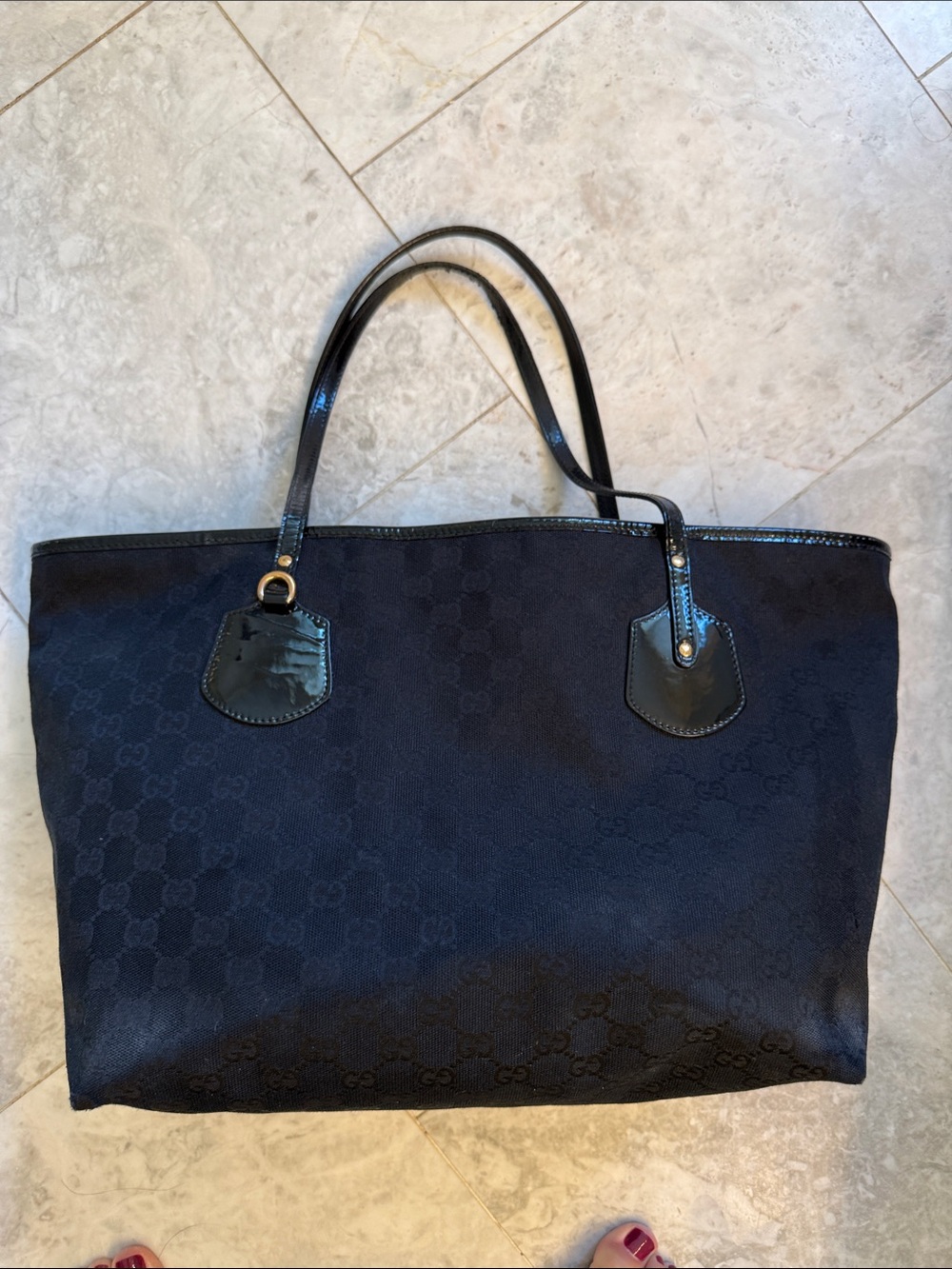 Gucci Black Canvas Tote Bag with Patent Trim